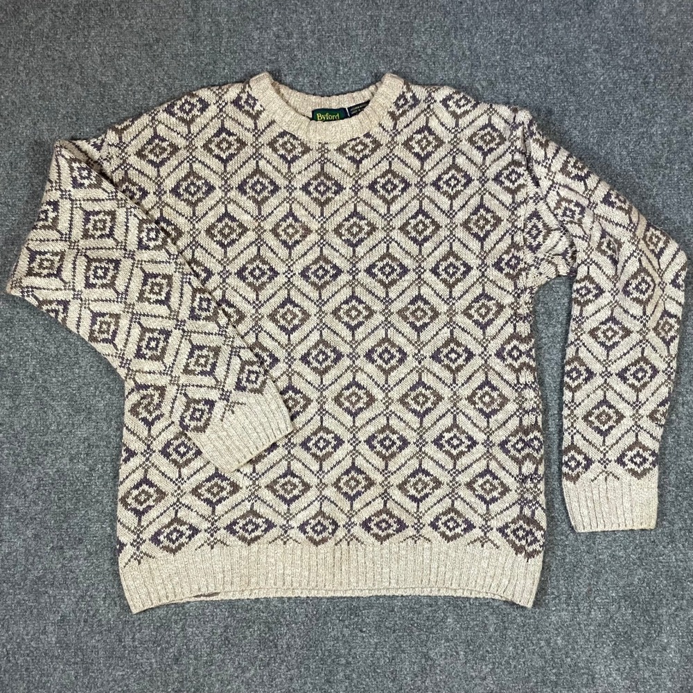 Vintage Byford Sweater Mens Large Beige Geometric Linen Cotton Knit England